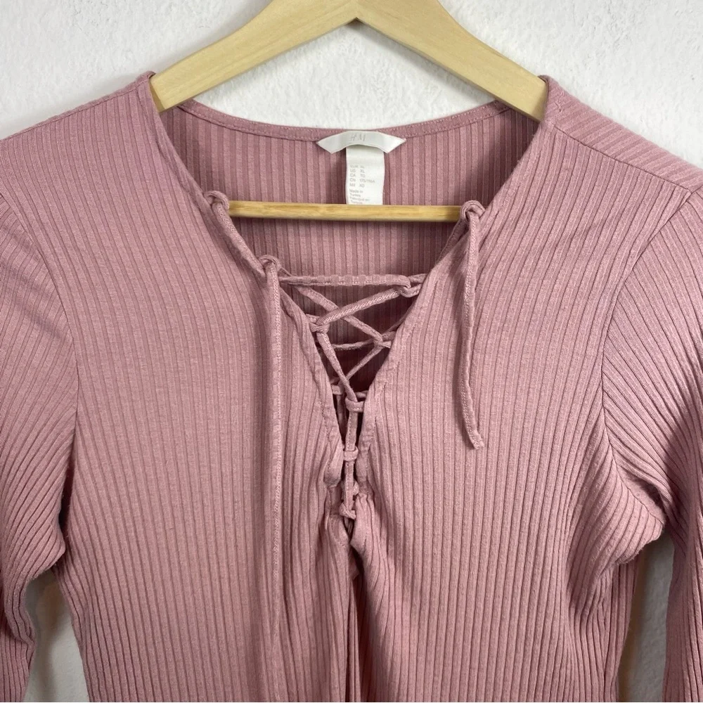 H&M Women’s XL Bodysuit Ribbed Lace Up Mauve - Picture 7 of 7